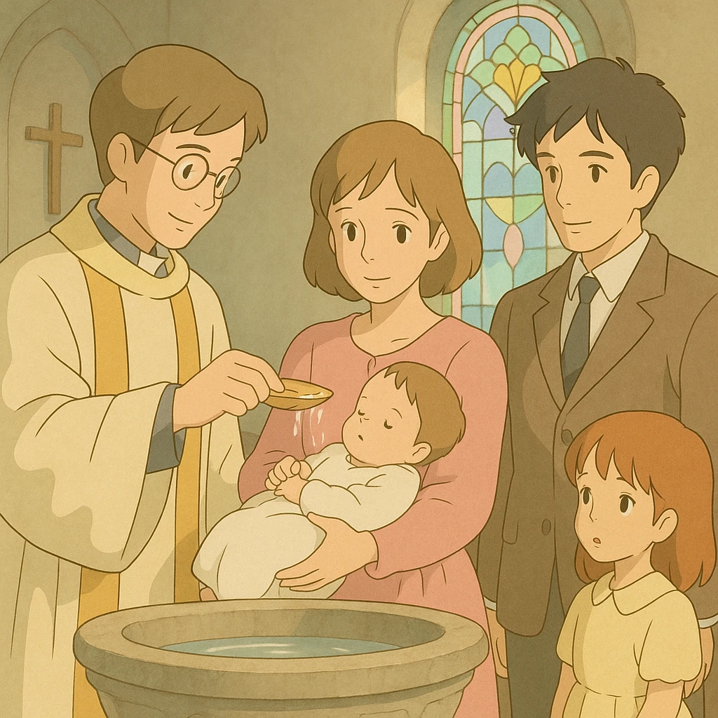 Christian baptism scene, gentle pastel colors, ghibli style emoji