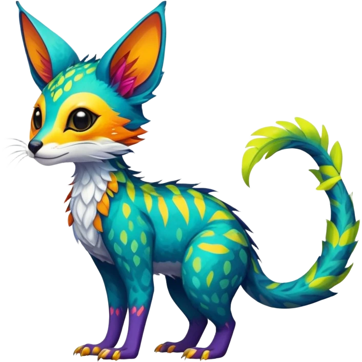 Feral Rare Fantasy vibrant tropical Vernid-Trico-species by LiLaiRa, random markings, tufted tail, tufted ears, full body emoji
