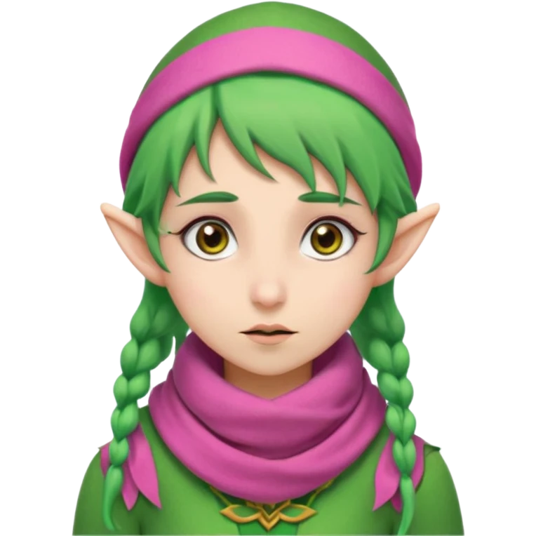 An elf girl with green hair, brown eyes, and a pink scarf who appears to be extremely stressed. emoji