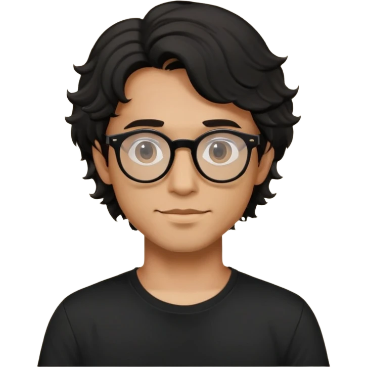 zumbie cabelo ondulado médio preto, camiseta preta, oculos redondo masculino  emoji