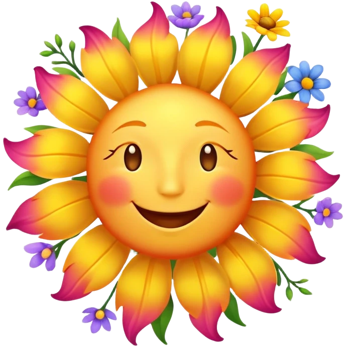 Happy smiling sun character with spring flowers blooming around it emoji
