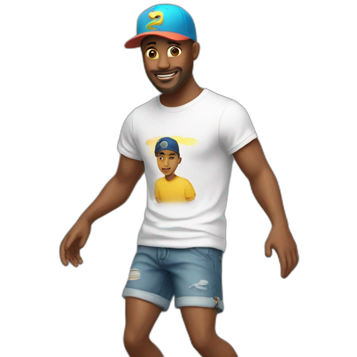 white man, cross earring, t-shirt, cap and short shorts, dancing emoji