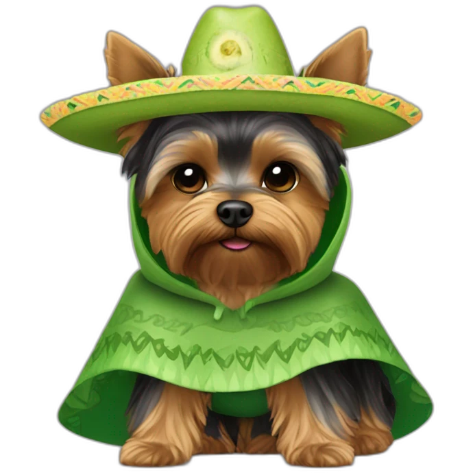 yorkie wearing avocado sombrero and green green baja poncho emoji