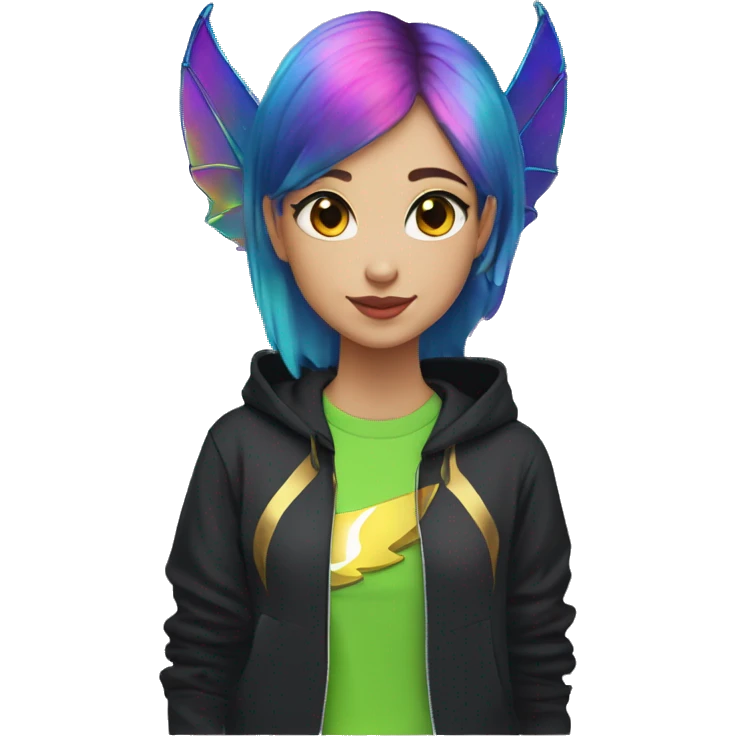 Lady with brunette and iridescent blue hair, gold, lime green dragon wings, black hoodie, oilslick holographic, black and gold Nike t shirt, and bright red eyes emoji