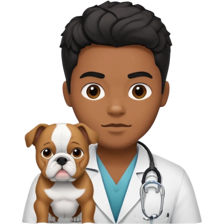 joven médico con el pelo un poco largo pero no tanto y lacio, que tenga un estetoscopio de color de piel tez negra calida !!! que sostiene un bulldog francés blanco emoji