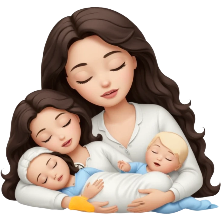 White Barbie girl dark brown long wavy hair in white clothes sleeping with white baby at cream bed, eyes are closed emoji