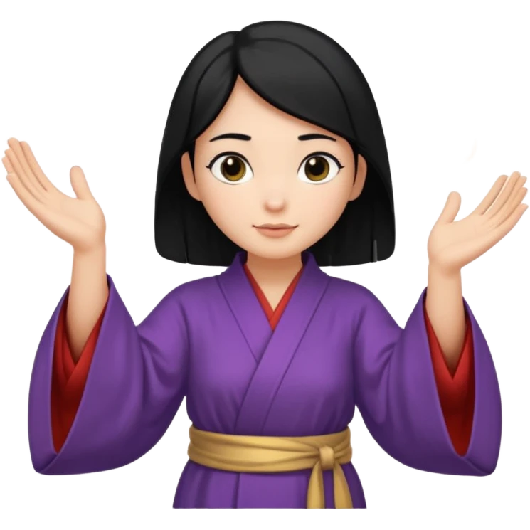 female wizard with black hair in a low bun with both hands palm up emoji