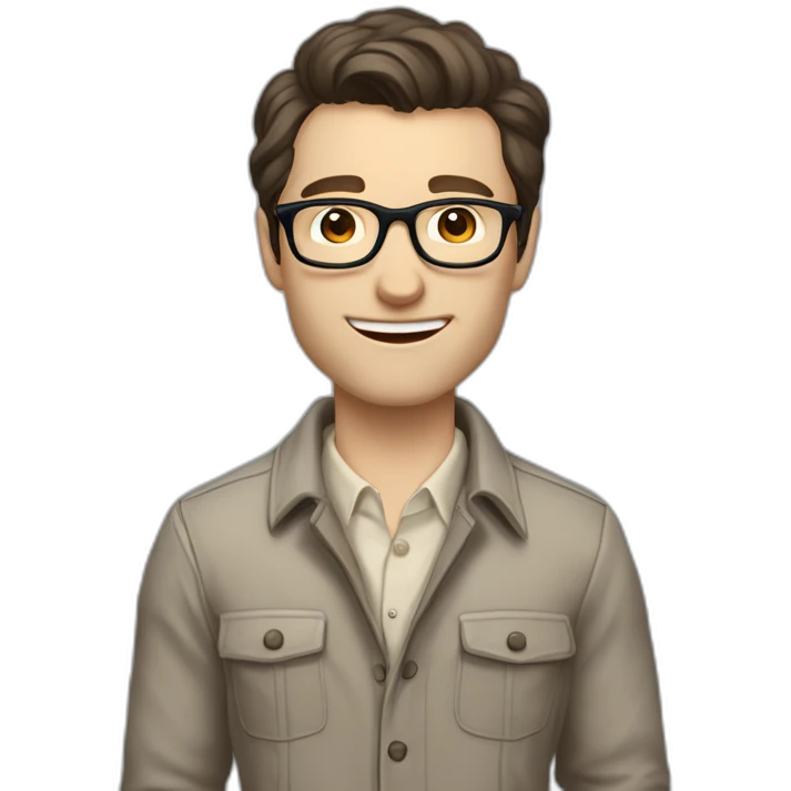 Joyful Full height Pale skinned Fit Man With dark brown hair in gray jacket, beige office shirt, Brown pants and vintage glasses. His thrumbs up emoji