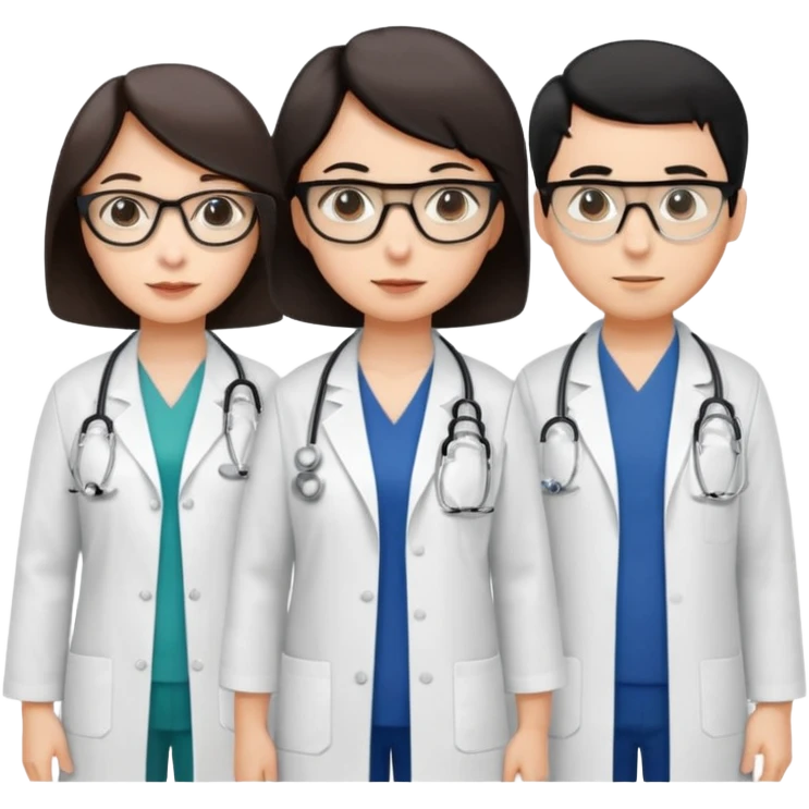Create four doctors grouped together. Place a female doctor with dark brown short bob hair prominently in the front. Behind her, include:

a doctor with white hair wearing glasses,

a young male doctor with black hair and no glasses,

and a female doctor with black short bob hair wearing glasses. emoji