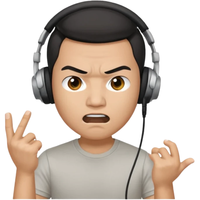 asian Male, angry, wearing headphone having mic, t-shirt 
 emoji