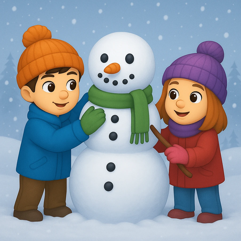 Show two different kids (different hair and clothing colors) building a snowman in a snowy background, keep the emoji style emoji