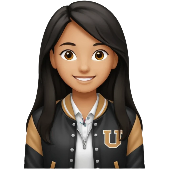 walk black long hair girl at university without backpack with varsity jacket emoji