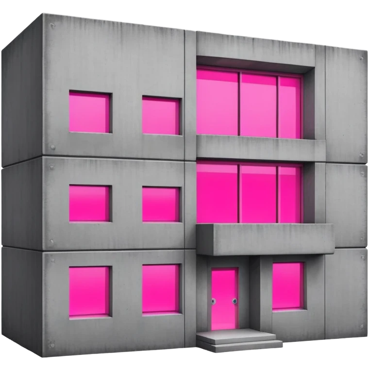 Brutalist gray concrete block building with one neon pink window emoji