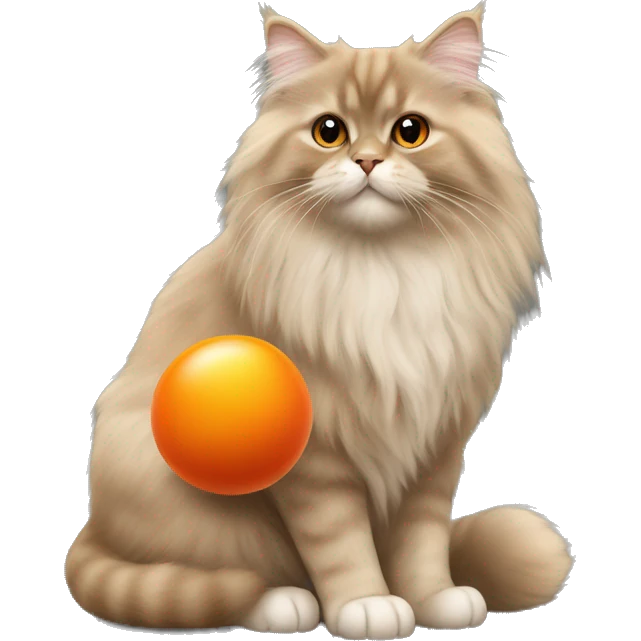 British longhair cat fawn color playing with an orange ball emoji