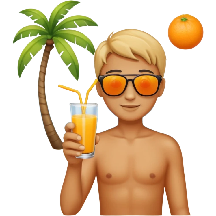 a hand holding fruit juice, wearing sunglasses, with a beach background emoji