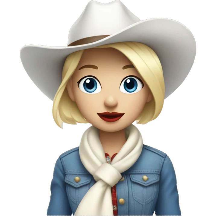 cowgirl with a white hat and white scarf and blonde short hair with red lipstick and blue eyes emoji