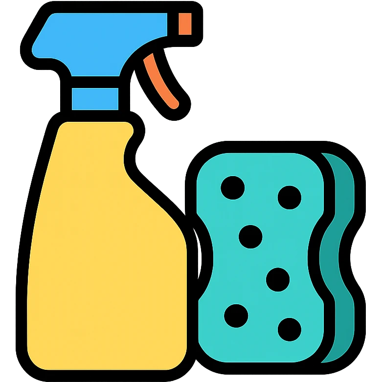 colorful icon of cleaning supplies, including spray bottle and sponge emoji