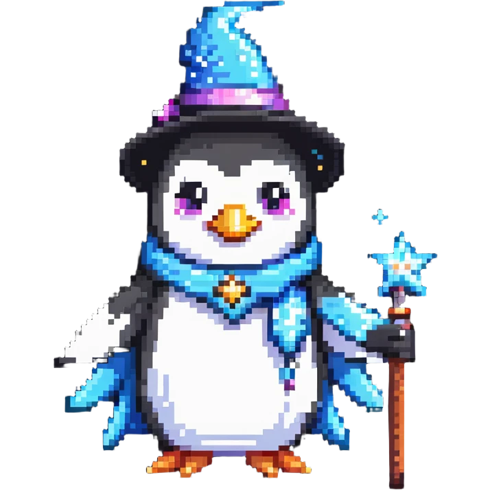 a penguin wizard with magical sparkles and a unicorn companion emoji