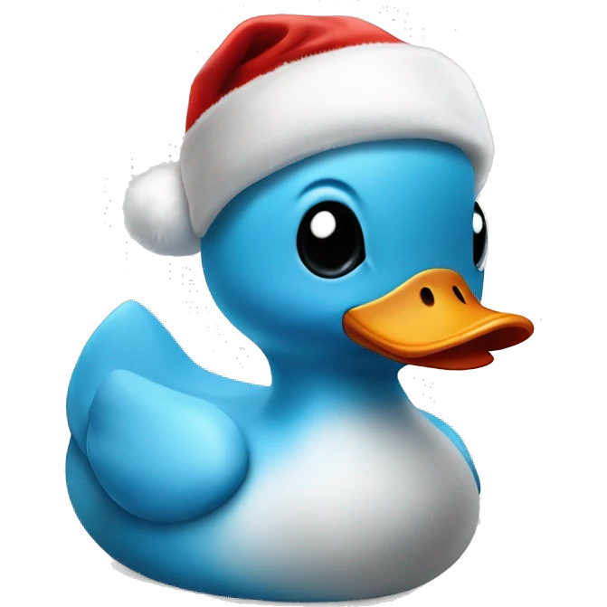 Baby blue rubber duck with black beak wearing a Santa hat emoji