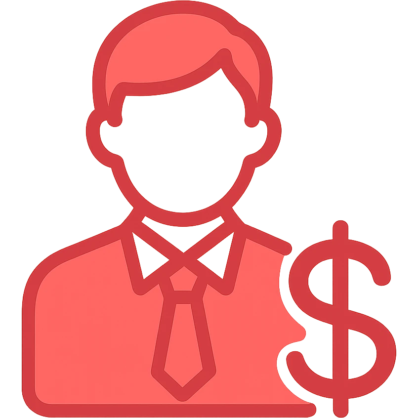 Minimalist red business owner icon with dollar sign. Red line art only, representing wealth and corporate success. CEO symbolic representation. emoji