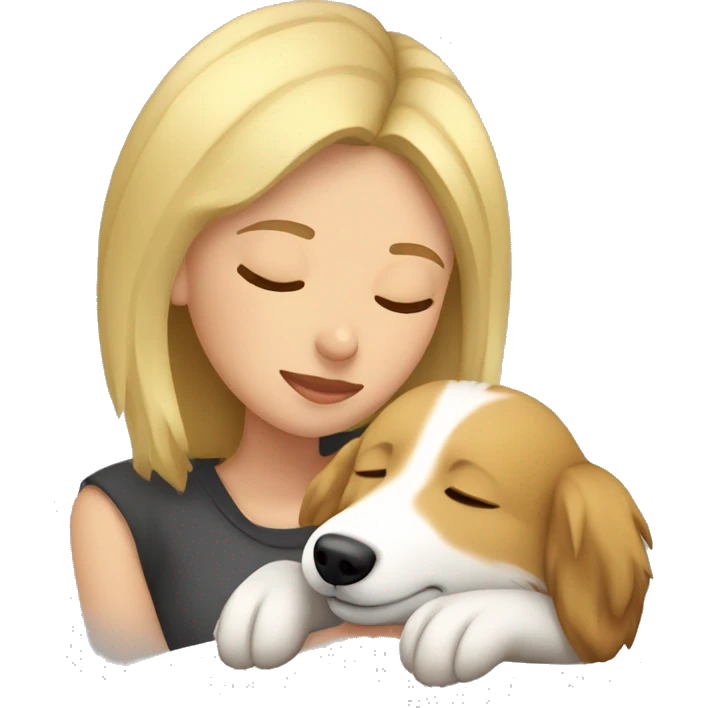 Blonde girl short hair sleeping with Shetland sheepdog emoji