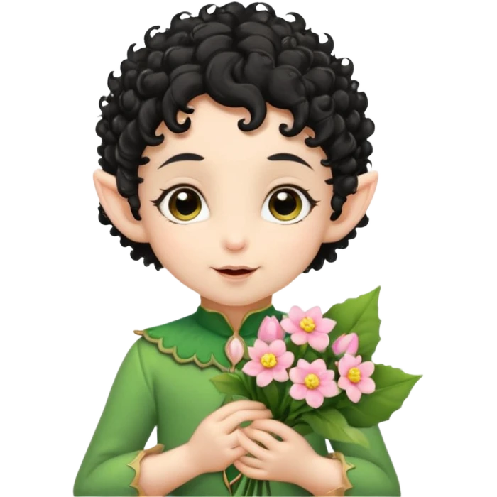 Tiny elf baby black curly hair with pointy ears, hold flowers emoji