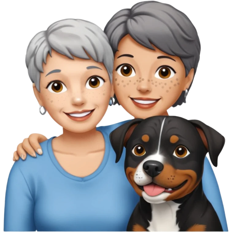 Pit bull Rottweiler mix with white muzzle and spots on muzzle next to older woman with really short grey hair emoji