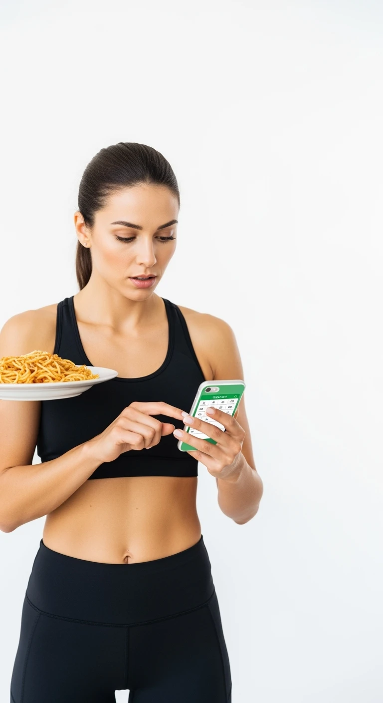 donna fitness che calcola ossessivamente le calorie di quello che sta mangiando: in mano ha un piatto di pasta e nell'altra mano ha lo smartphone per segnare tutti gli alimenti, sfondo bianco emoji