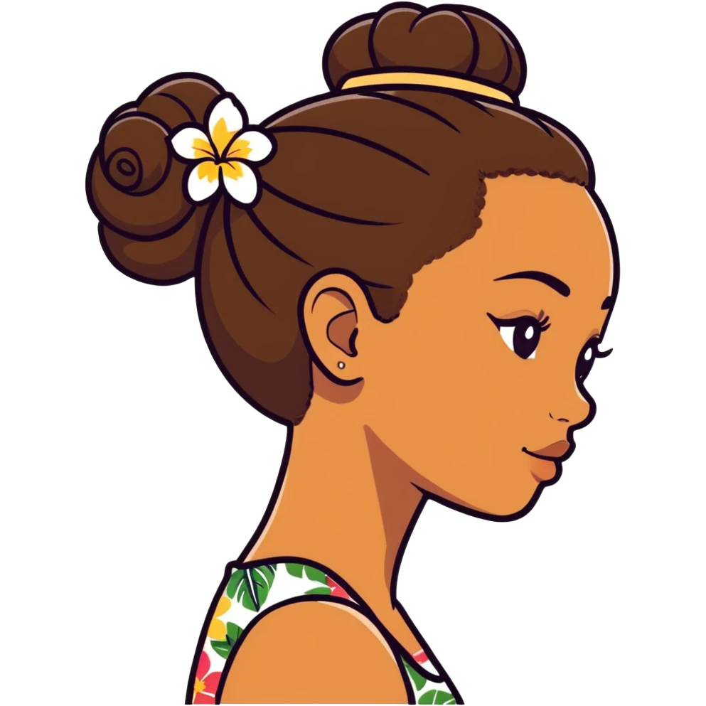 black girl side profile, brown hair in a bun, Hawaiian flower in hair emoji