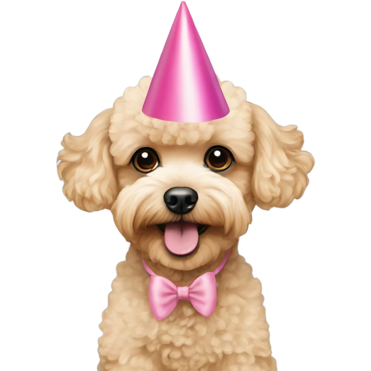 Blonde toypoodle maltipoo with pink birthdayhat emoji