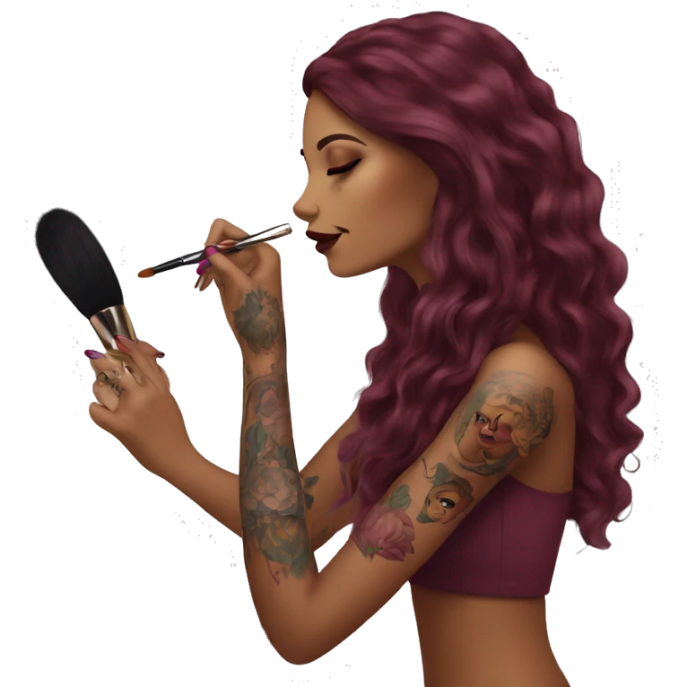 Beautiful tattooed burgundy long haired woman doing her makeup emoji