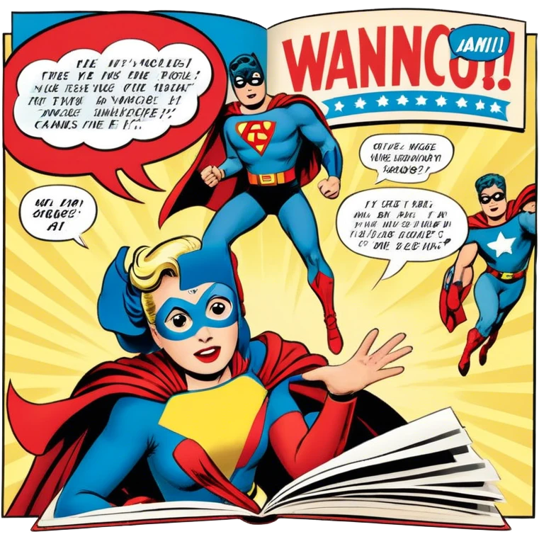 Icon for Vintage American Comics: an open comic magazine with classic 1940s-1950s American comic art, featuring superheroes in bold, bright colors, with action panels and exaggerated speech bubbles. The icon should represent the nostalgic style of vintage comics. Transparent background. emoji