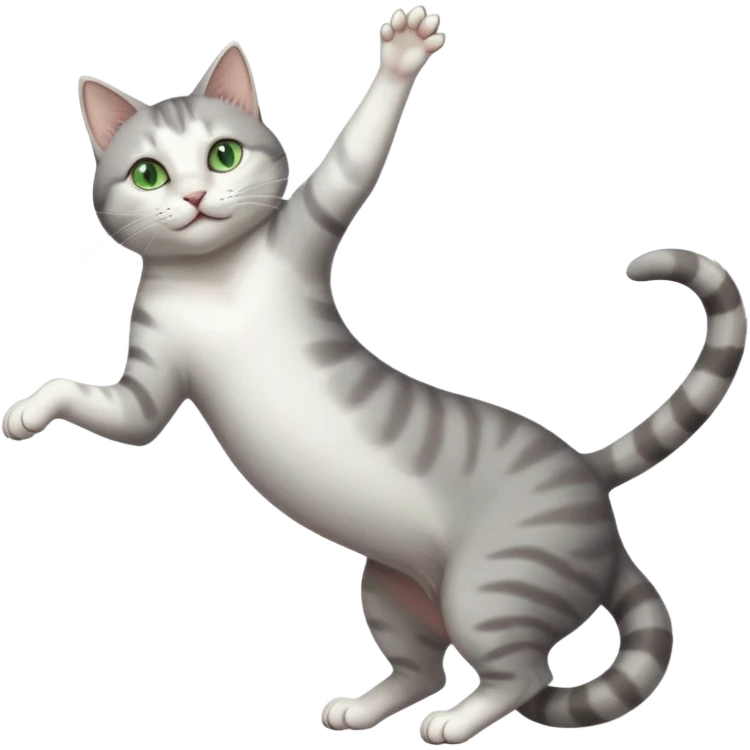grey and white cat with green eyes doing a big extremely long stretch reaching up into the air with arms and legs side by side together straight and overextended whilst lying on its side emoji