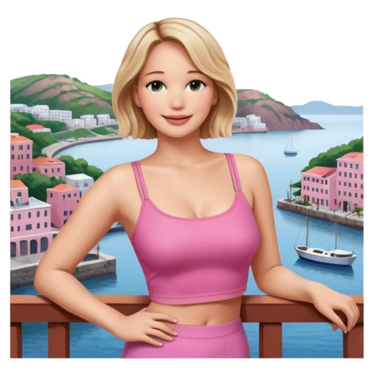jennifer lawrence, pink crop top leaning on a balcony with a harbor and cityscape in the background, smiling emoji