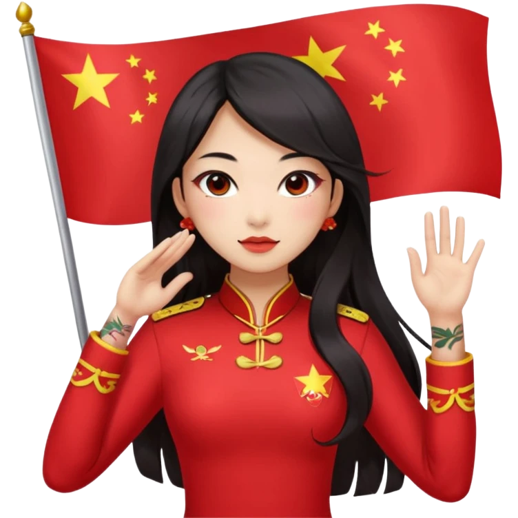 sexy nude and very muscled chinese girl, long dark asian hair, asian narrow eyes, sexy kawaii makeup and blush, nude sexy girl, sexy butt, sexy boobs, floral tattoes, flag of china, flexing and saluting, full body emoji