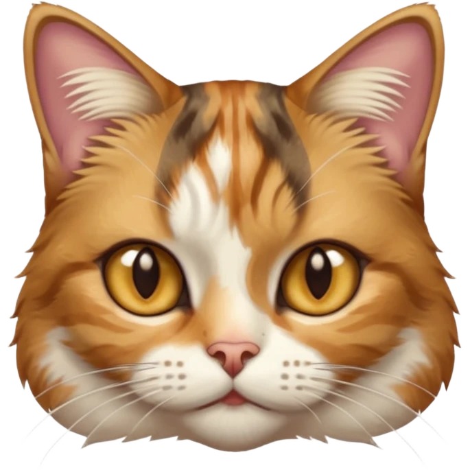full body anxious looking colourful light calico tabby cat with hazel eyes  and half of face in brown tabby emoji