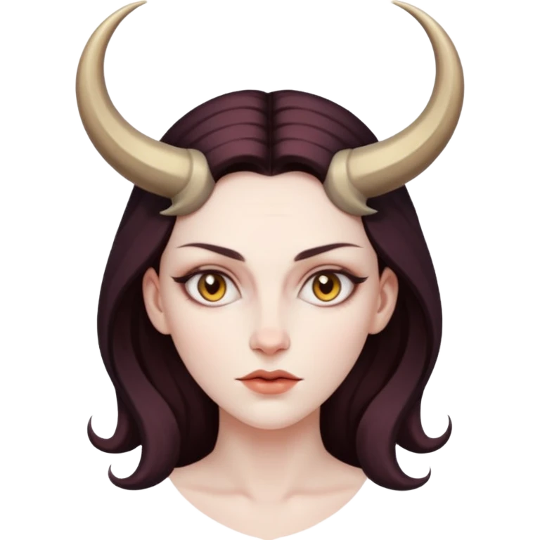 Woman with subtle horns, smooth skin and sharp gaze, divine corruption emoji