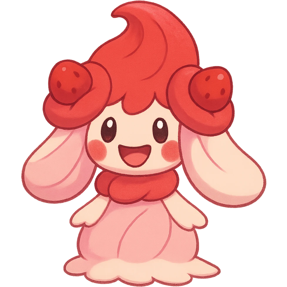 cute Alcremie Pokémon with a soft, rounded face, blushing cheeks, big smile, red and pink colors emoji