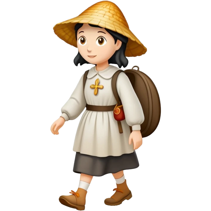 pilgrim woman walking with the Camino de Santiago shell behind her emoji