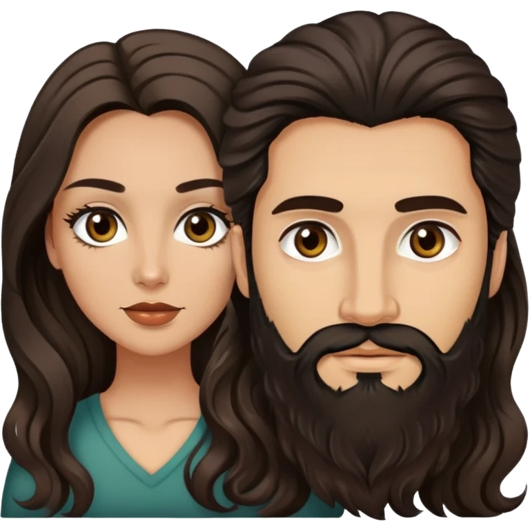 woman with olive skin, brown eyes and long lashes, and long black wavy hair with pale skinned hazel eyed man with brown hair and beard emoji