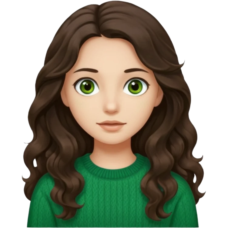 Una chica güera con pelo ondulado café oscuro largo ojos cafés oscuros y con un suéter o camisa veerde. El pelo hazlo un poco más largo, con los ojos cafés oscuros  emoji