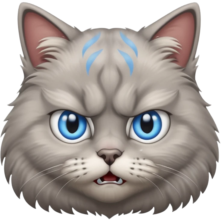 angry grey cat blue small slanted eyes. iphone real emoji style, made the cat look challenging emoji