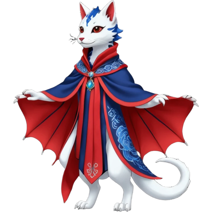 Kawaii black, red, indigo, cute beautiful pretty elegant divine edgy feline-vernid-sergal-Haku-dragon-fursona-animal-creature, full body, with intricate detailed markings, Embroidered capelet, silken shawl emoji