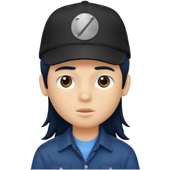 generate a pretty bratz boy wearing a dark blue button up shirt, long black mullet hair. 

Dark blue cap on head emoji
