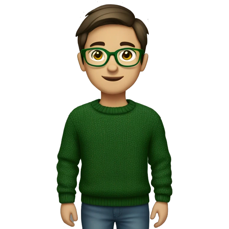 winter, christmas, young boy, short  brown hair, brown eyes, hispanic, dark green sweater, full body, green glasses emoji