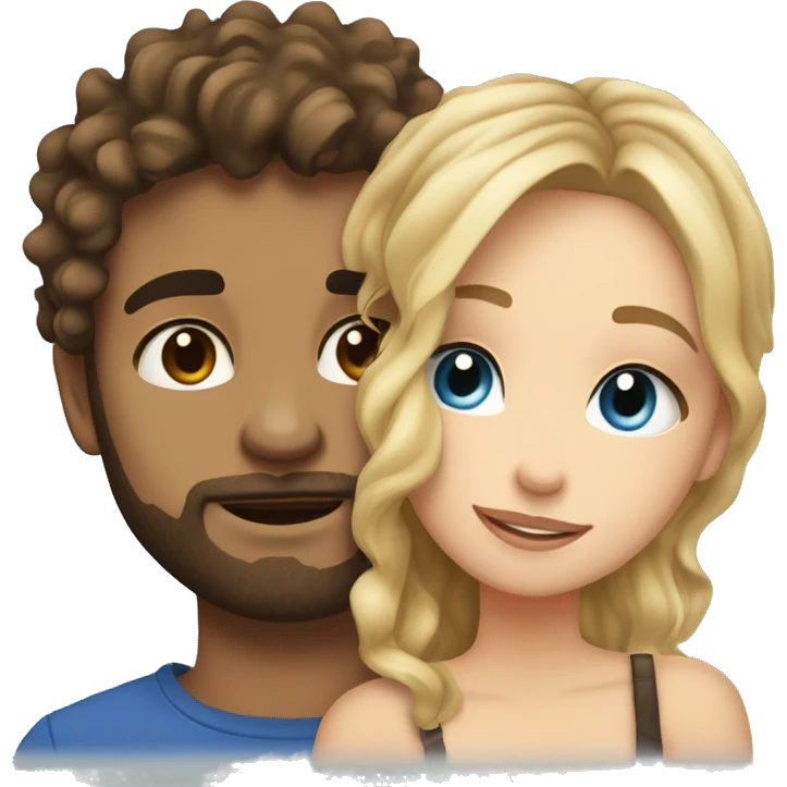 Guy with scruff with brunette curly wavy hair and blue eyes kissing pretty blonde girl with layered hair and hazel eyes  emoji