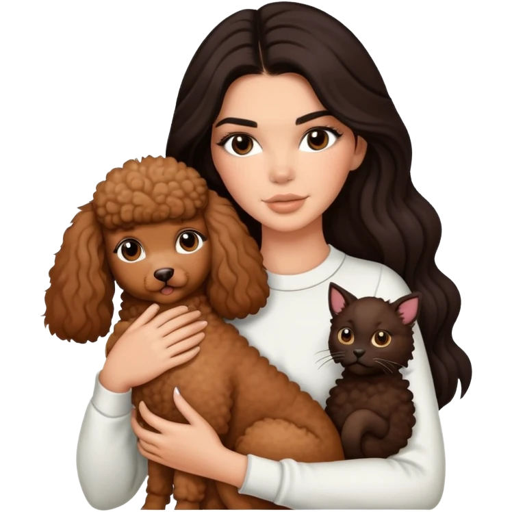Kendall Jenner with long dark hair holding a brown poodle and a cow cat in her arms emoji