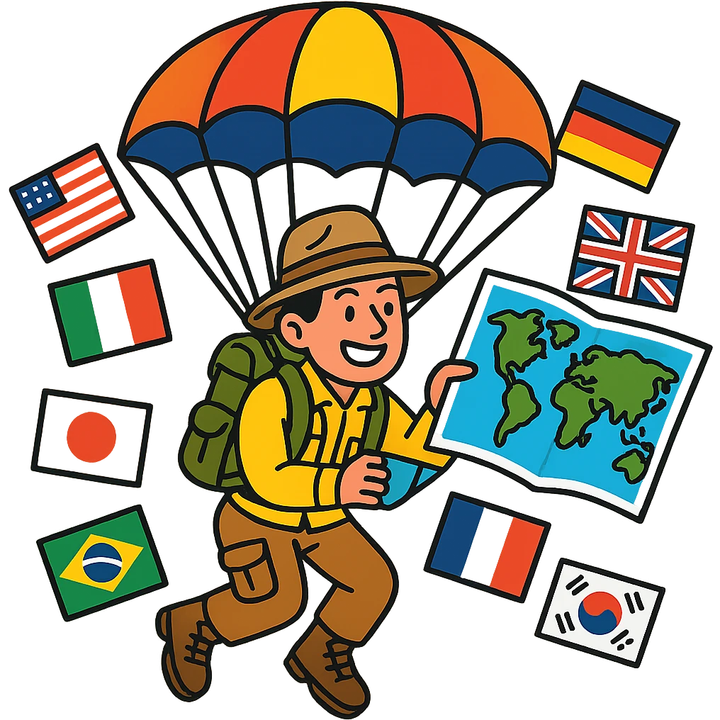 A smiling explorer parachuting with a world map, surrounded by diverse country flags, modern style, bright and vibrant colors. emoji