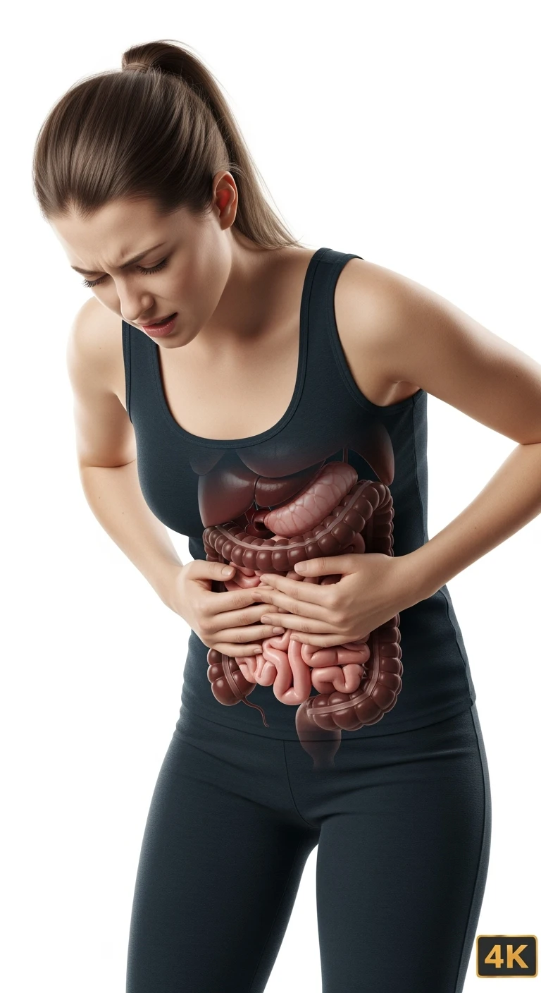 donna giovane piegata in avanti con mal di pancia e INTESTINO UMANO ANATOMICO IN EVIDENZA, iperrealistica 4k, ISOLATA SU SFONDO BIANCO emoji