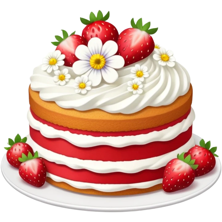 strawberry sponge cake with whipped cream and flowers emoji